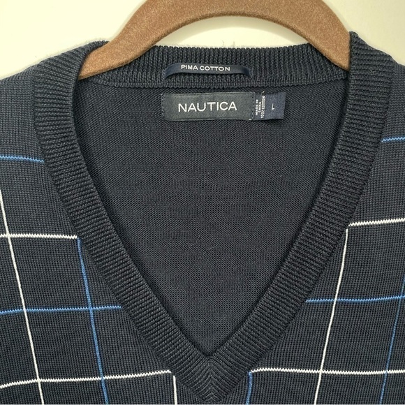 NAUTICA Men’s ribbed V-neck Grandpa Checkered sweater Vest L 100% Pima Cotton - Picture 7 of 11
